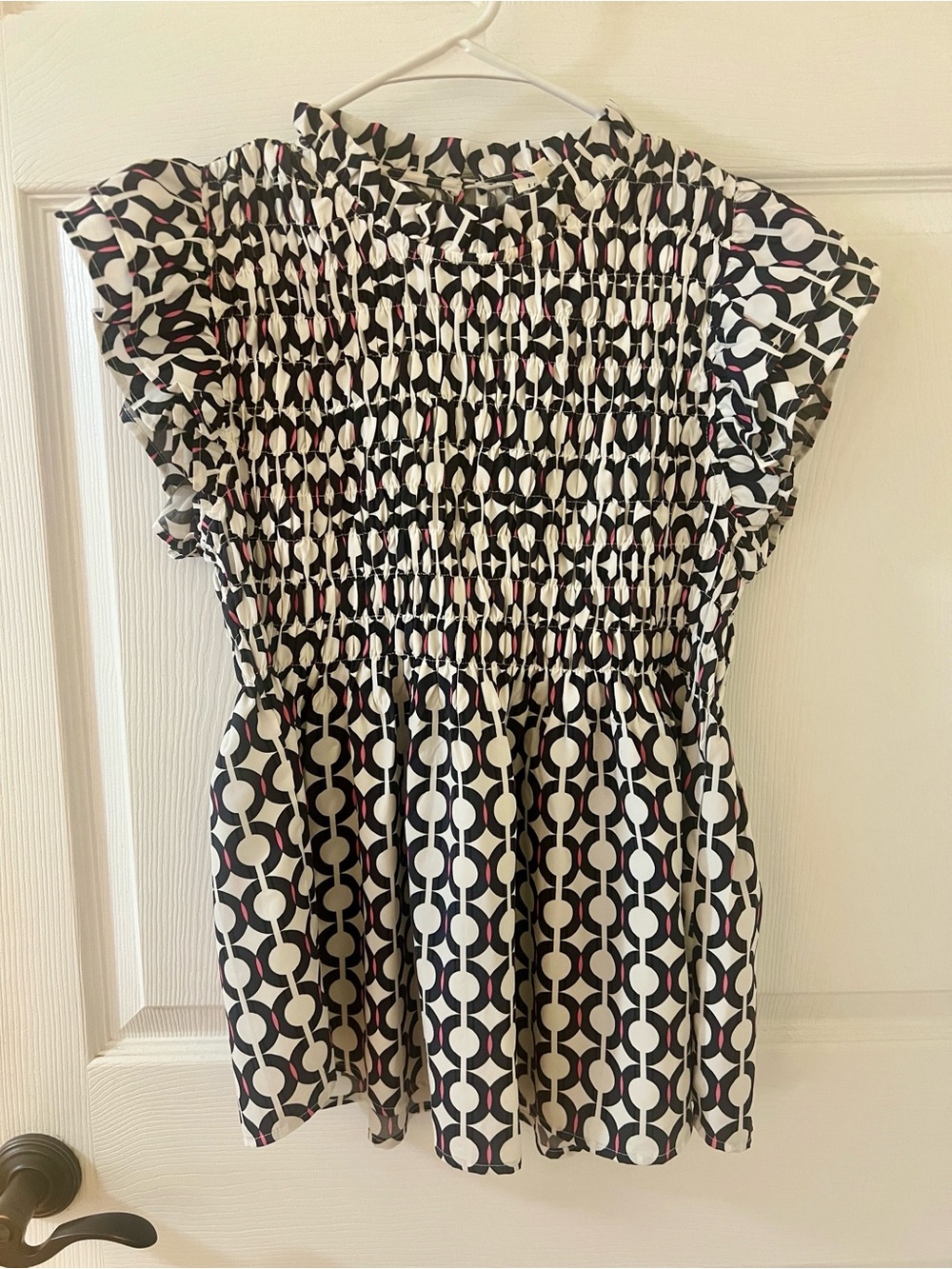 JODIFL Black and White Smocked Geometric Blouse